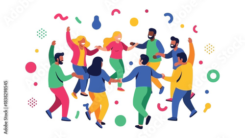 Circle of Joy: A vibrant group of people forms a circle, dancing in unison amidst a backdrop of colorful confetti, embodying pure delight and social harmony.