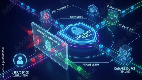 Zero trust model diagram showing continuous verification, authentication and least-privilege access for untrusted users and devices reaching secure data through firewalls and gateways