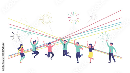 Celebration with Joyful Fireworks: Energetic individuals leap with elation amidst a vibrant display of fireworks, celebrating a shared moment of success and accomplishment.