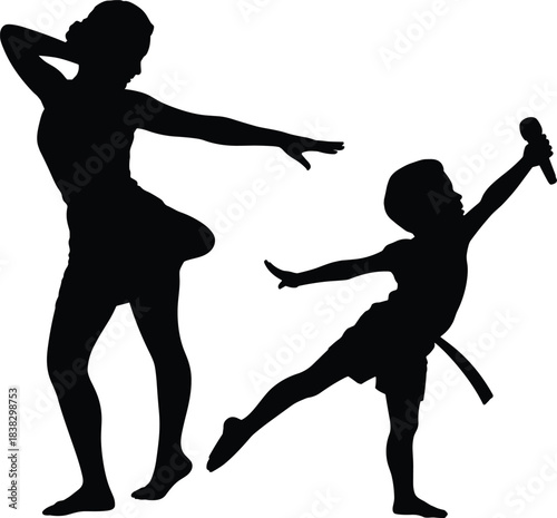 Silhouette of dancing woman and child performing expressive movement, creative choreography pose, joyful performance, artistic dance illustration