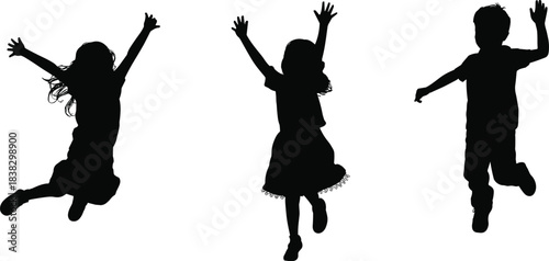 Silhouette of joyful children jumping with raised hands, energetic kids celebrating happiness, playful childhood moment for creative design use