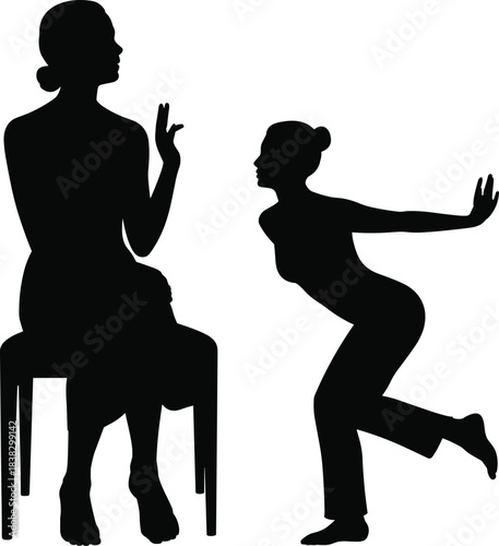 Silhouette of two expressive women interacting through gestures, communication, body language, performance, posture, movement, pose and emotion