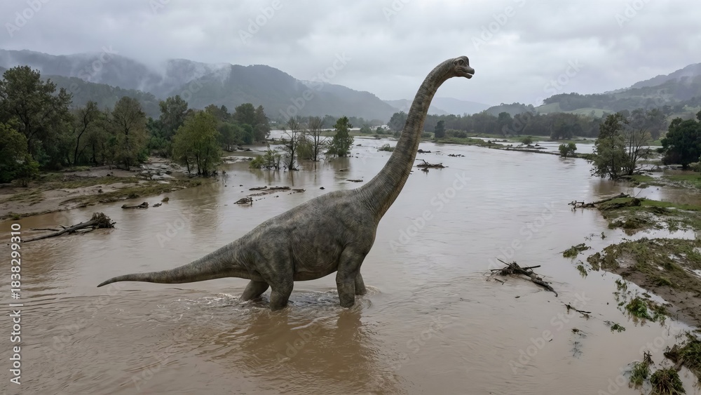 Fototapeta premium Brachiosaurus dinosaur walking through a widespread flood with muddy water, submerged trees, and debris, featuring an overcast sky with mountains in the background, creating a prehistoric atmosphere