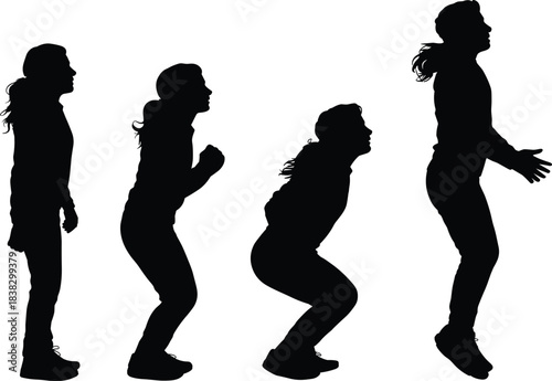 Silhouette sequence of person squatting and jumping, showing dynamic movement, fitness exercise motion, athletic action poses for training