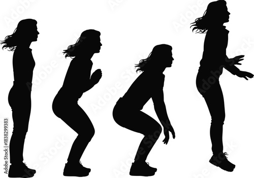 Silhouette sequence of woman performing squat jump exercise showing athletic movement fitness training action poses isolated on white background