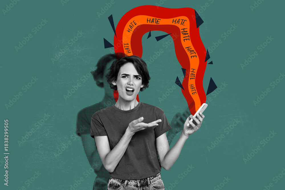 © deagreez - Trend photo banner 3d collage of dissatisfied girl hold phone receive cyberbully problem hate content abuse assault depression