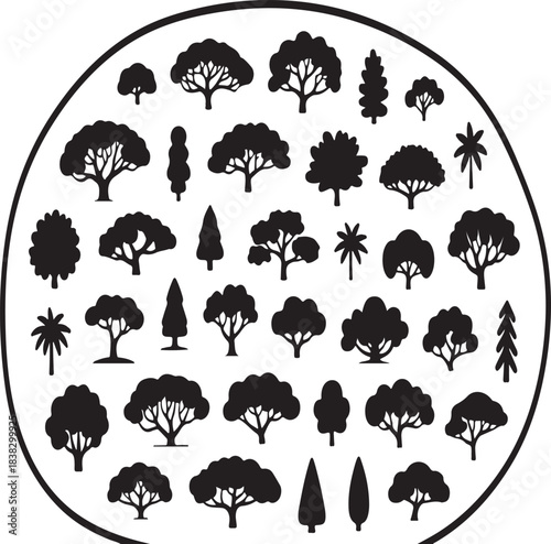 Vector collection of various tree silhouettes representing diverse species and forest vegetation within a circular frame