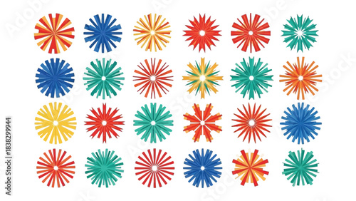 Colorful Starburst Collection: A vibrant assortment of radial starburst patterns, each radiating a unique burst of color, offering a dynamic and playful visual display.