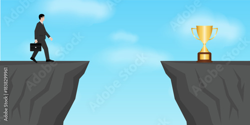 Businessman get ready to jump over a Cliff to get Trophy. Goal Achievement and Business Success Concept. 