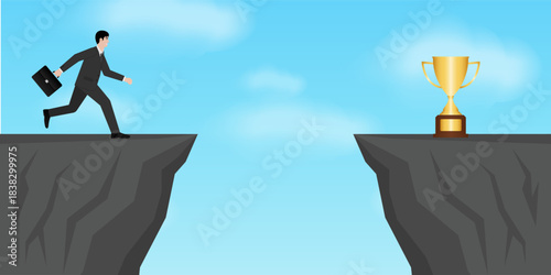 Businessman get ready to jump over a Cliff to get Trophy. Goal Achievement and Business Success Concept. 