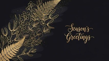 Elegant gold line art holiday foliage design with Season's Greetings script on dark background