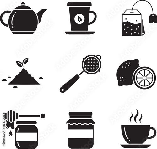 Tea Ceremony Elements: Monochrome Vector Set of Brewing Accessories and Ingredients