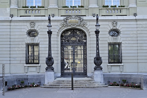 Entrance portal with lion medallion of the Swiss National Bank, Bern, Switzerland