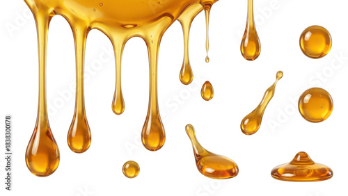 Realistic Golden Honey or Syrup Drips and Isolated Drops on White Background