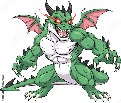 Muscular cartoon dragon with claws, horns, wings, glowing red eyes, fierce expression, fantasy creature, flat vector illustration