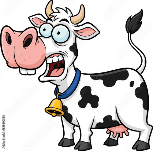 Funny cartoon cow with bulging eyes, open mouth, expressive face, black and white spots, flat vector illustration