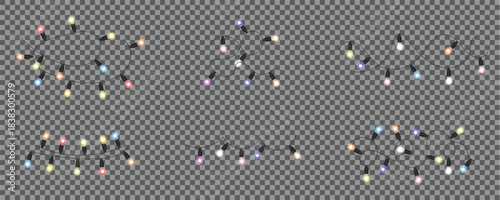 Set realistic colorful glowing string lights garlands on transparent background. Festive hanging bulbs for decoration