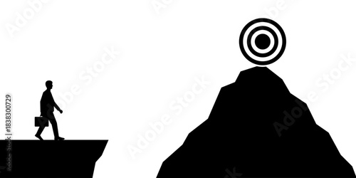 Businessman Walking to Peak of the Mountain to Reach Target Silhouette. Goal Achievement and Business Success Concept. 