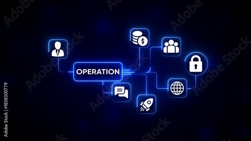Business operations flowchart with icons and neon blue lights
