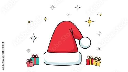 Santa's Hat and Festive Presents: A joyful illustration presents Santa's iconic hat and wrapped gifts. With shining stars, the image captures the spirit of Christmas and seasonal joy. 
