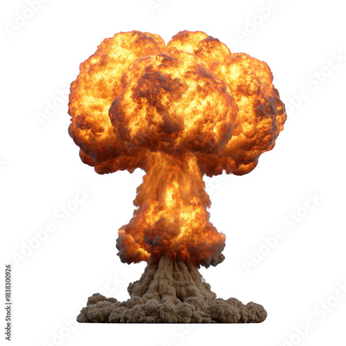 Explosive fiery mushroom cloud, intense orange and yellow flames, thick smoke rising, dramatic energy, isolated on transparency background, symbol of destruction and power