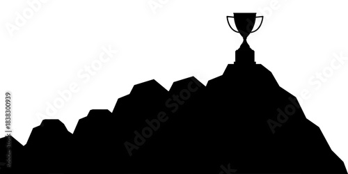 Trophy on the Top of Mountain Silhouette. Goal Achievement and Business Success Concept. 
