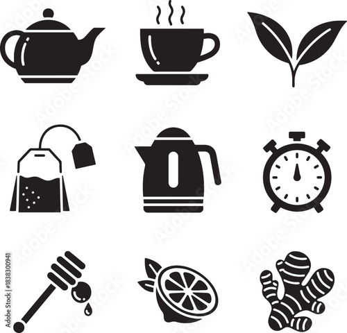 Elegant Tea Time Vintage Silhouette Icon Set - Gourmet Preparation and Rituals