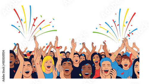 Celebrating Collective Joy: A lively and diverse crowd erupts in joyous celebration, their hands raised amidst a cascade of colorful confetti. conveying the collective exhilaration.