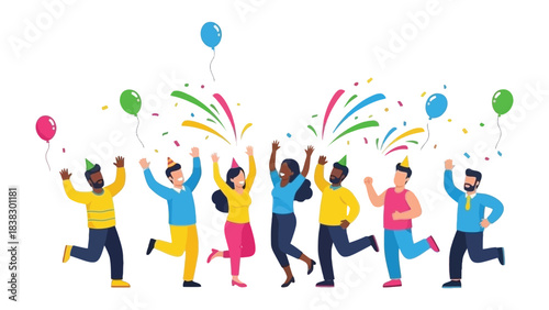 Joyful Celebration: A lively group of individuals bursts with glee, balloons and confetti paint the scene, creating a sense of mirth and merriment.