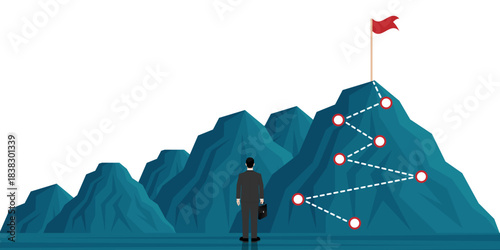 Businessman is looking for Victory Flag. Career Success or Goal Achievement Concept. Vector Illustration.