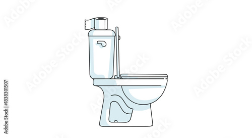 A simple, clean line art illustration of a toilet with a roll of toilet paper on its tank, depicted from a side view.