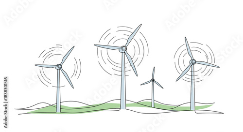 A continuous line art illustration showing a wind farm with multiple wind turbines generating clean, renewable energy.