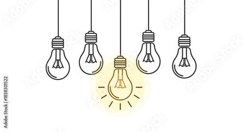 One glowing light bulb among several unlit ones symbolizing a unique idea, innovation, or a standout solution.