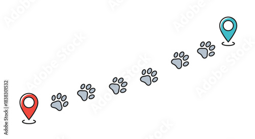 A charming illustration of a path made of gray paw prints, leading from a red map pin to a blue map pin, symbolizing a journey or pet travel.