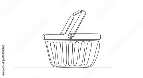 A single continuous line drawing illustrates a shopping basket with an upright handle, symbolizing retail, commerce, and consumerism on a white background.