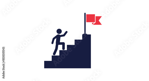 A stylized figure climbs a set of stairs towards a red flag at the top, representing concepts of ambition, progress, success, and goal achievement.