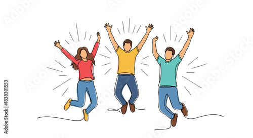 Three enthusiastic young people, a woman and two men, jumping with joy and raised arms, celebrating success or happiness in a modern line art illustration.