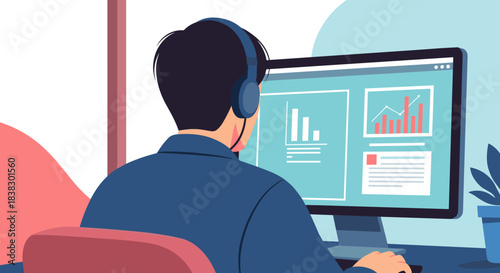 Rear view of a person wearing headphones, analyzing data and charts on a computer screen in a modern workspace setting.
