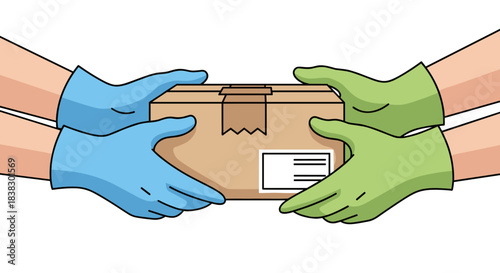 Hands in blue and green protective gloves exchanging a brown cardboard package, symbolizing safe delivery or contactless transaction.