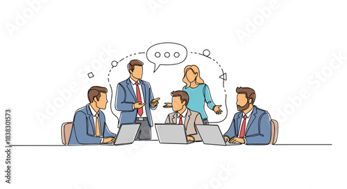 Business team collaborating in a meeting, with a leader speaking to colleagues engaged with laptops and discussion.