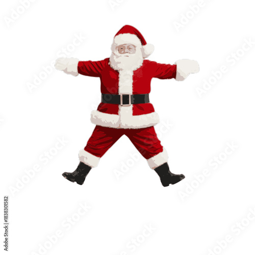 Santa claus in his iconic red suit with white trim and black belt standing with arms outstretched and legs apart isolated on white background