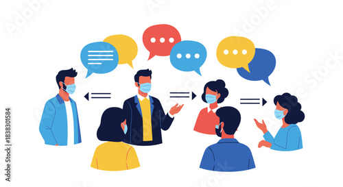Illustration of masked people communicating and keeping distance, symbolizing safe social interaction and discussions during a pandemic.