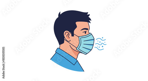 Side view illustration of a man wearing a blue medical face mask, effectively preventing the spread of germs and airborne particles.