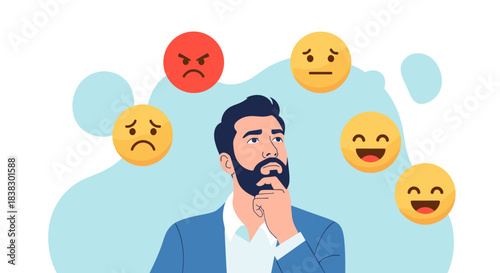 A thoughtful bearded man ponders his emotional state, surrounded by various emoji depicting anger, sadness, neutrality, and happiness.