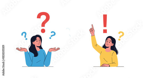 A woman pondering questions and another woman having an idea or providing an answer, symbolizing problem-solving and communication.