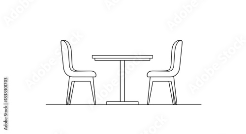 Minimalist line art illustration of an empty table and two chairs, set for dining or a cafe experience, on a clean white background.