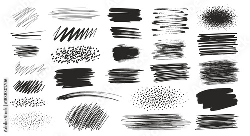 Collection of hand-drawn abstract marker and brush strokes, scribbles, lines, dots, and textures for creative design elements and backgrounds.