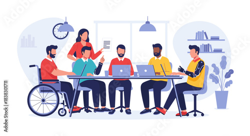 A diverse team of professionals, including individuals with disabilities, collaborates and discusses business strategies in an inclusive modern office environment.