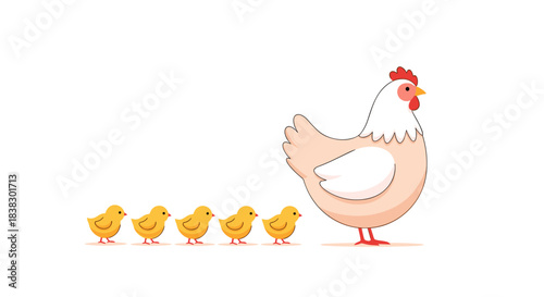 A cute mother hen leads her five fluffy yellow chicks in a single file line, depicting a charming scene of farm animal family life.