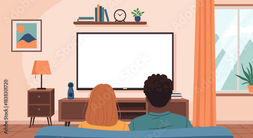 A man and a woman are seen from behind, sitting comfortably on a couch and watching a blank television screen in a modern living room at home.